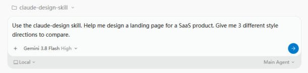 Antigravity chat box with a prompt asking for 3 SaaS landing page style directions