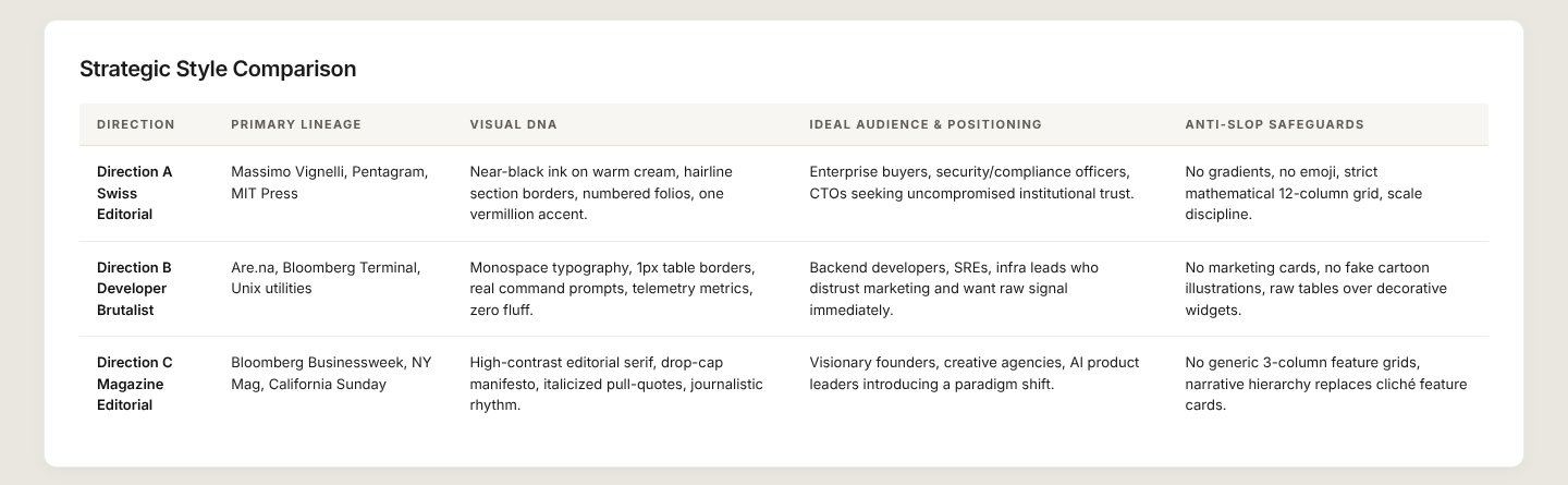 Strategic style comparison table comparing the three directions by lineage, visual DNA, audience and safeguards