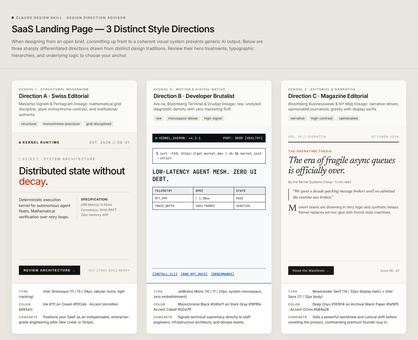 Claude Design skill output in Antigravity: three SaaS landing page style directions side by side (Swiss Editorial, Developer Brutalist, Magazine Editorial)