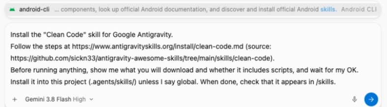 Antigravity 2.0 opening the slash menu on the old install prompt that ended in /skills
