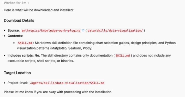 Antigravity 2.0 agent listing one SKILL.md file and no scripts before installing Data Visualization