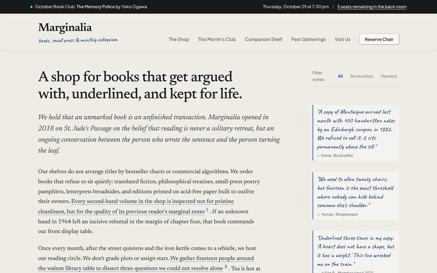 Marginalia bookshop one-page site built by Antigravity with the frontend-design skill: serif headline with handwritten margin notes
