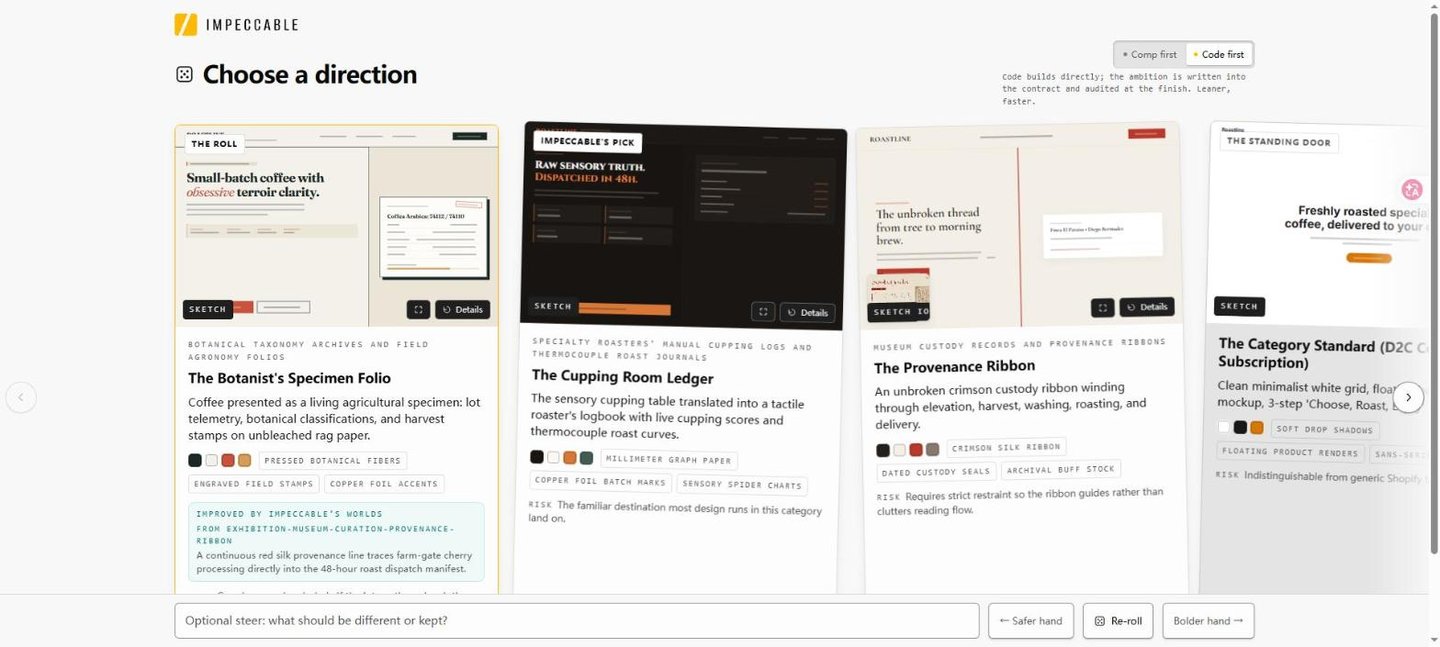 Impeccable decision board in the browser with four design directions for Roastline