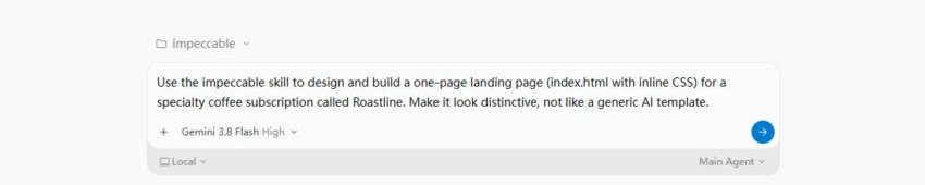 Antigravity chat box with a prompt asking the impeccable skill to build a Roastline landing page