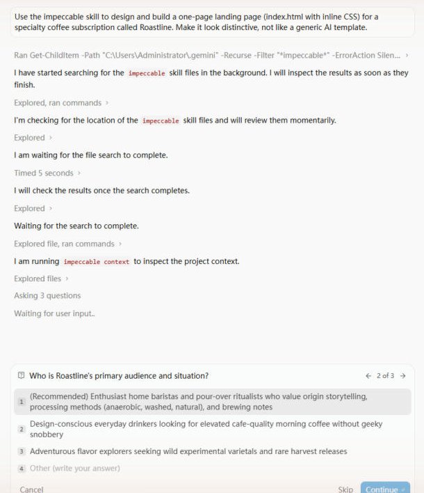 Impeccable asking three multiple-choice questions about audience and feel