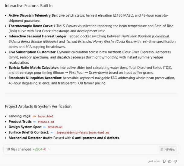 Antigravity summary listing index.html, PRODUCT.md, DESIGN.md and the detector result