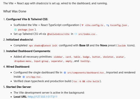 Antigravity summary: Vite and Tailwind set up, shadcn init with Base UI and Nova, components added, dev server running