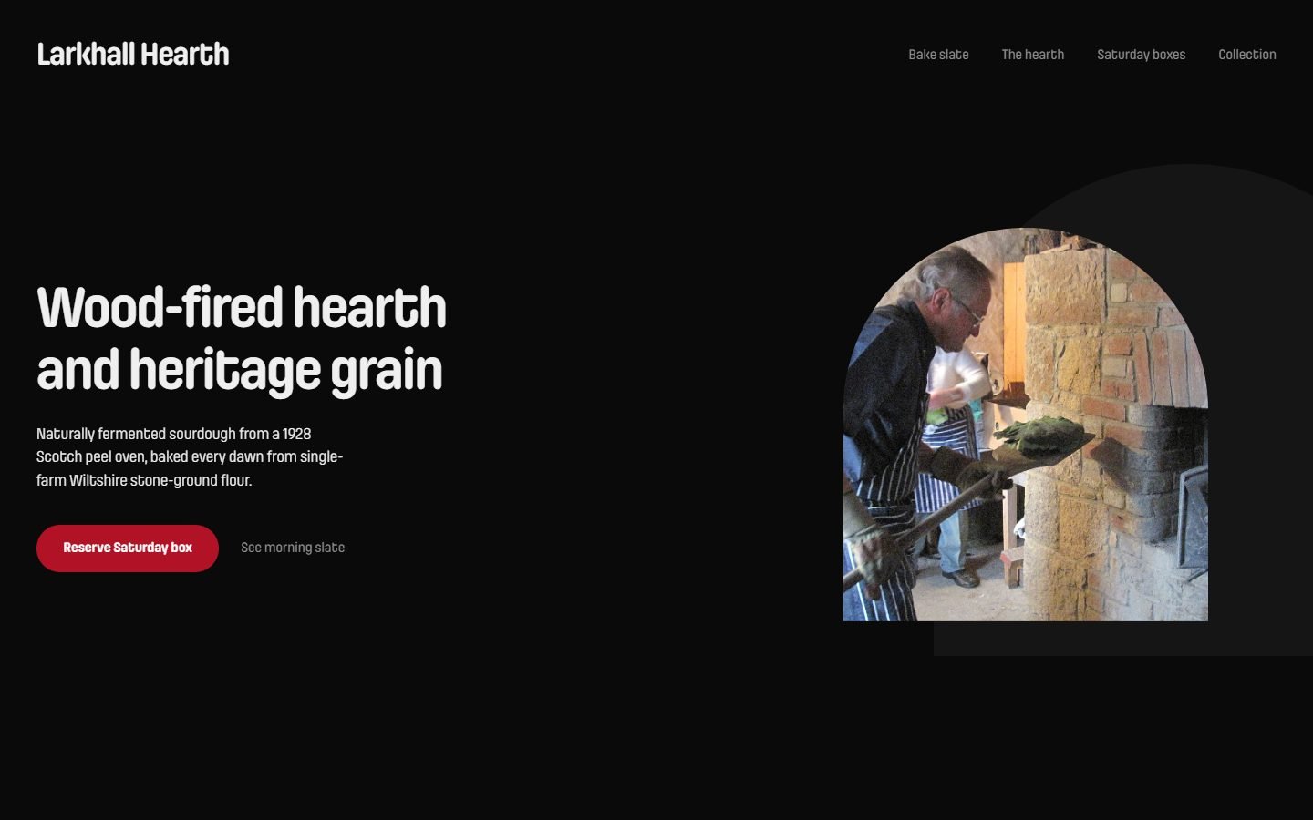 Larkhall Hearth bakery one-page site built by Antigravity with the Taste skill: dark hero with arched baker photo
