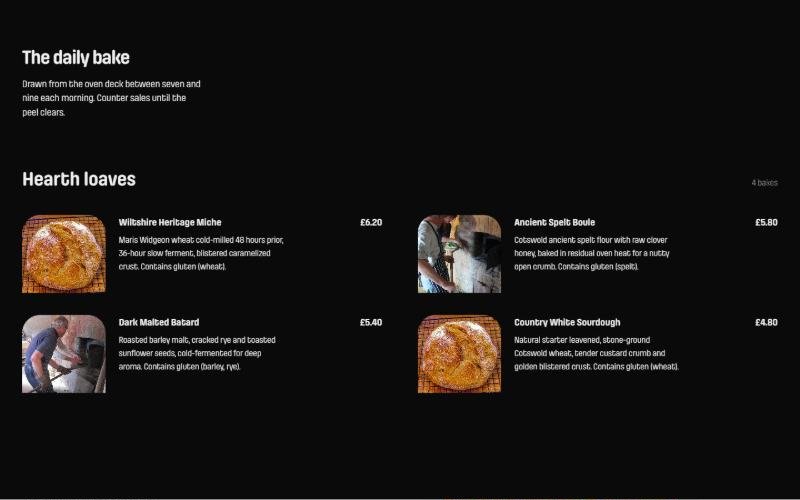 Bakery menu section with loaf photos, descriptions and prices