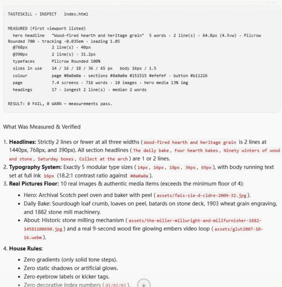 Taste skill inspect report showing 0 FAIL, 0 WARN at three widths