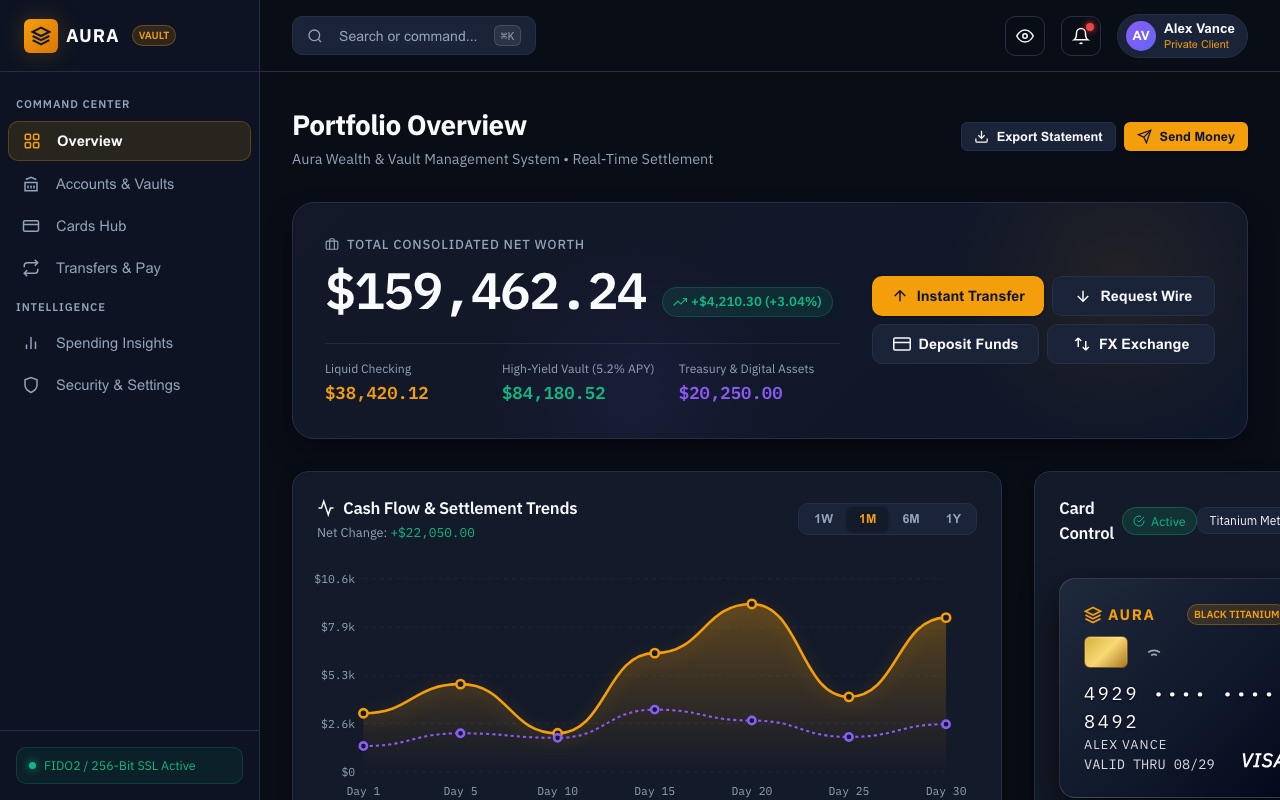 Dark fintech banking dashboard generated by Antigravity 2.0 with UI/UX Pro Max