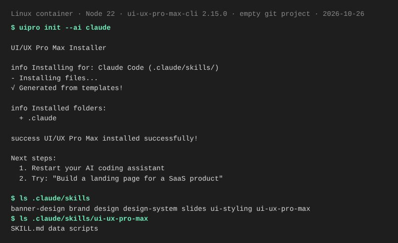 Terminal output of uipro init --ai claude and a listing of .claude/skills/ with seven skill folders