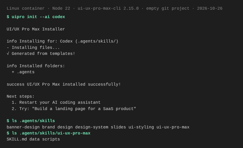 Terminal output of uipro init --ai codex and a listing of .agents/skills/ with seven skill folders