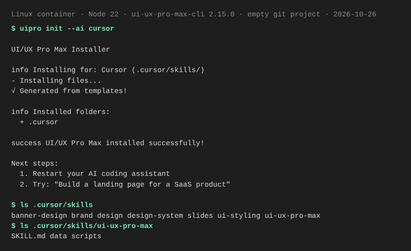 Terminal output of uipro init --ai cursor and a listing of .cursor/skills/ with seven skill folders