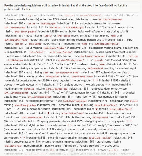 Antigravity output from the web-design-guidelines skill: file:line findings for index.html such as missing labels, aria-live and Intl formatting